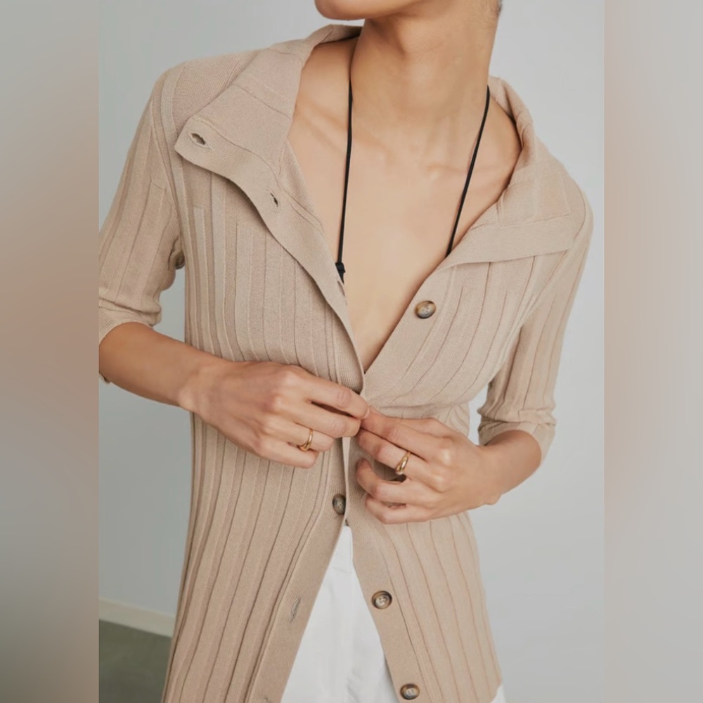 G. Label by Goop Elena Shrunken Ribbed‎ Cardigan Tan Sand Sz M